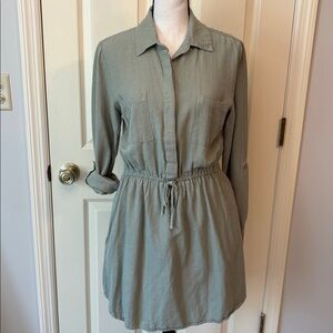 Japna Olive Shirt Dress Roll Tab Sleeves Tie Front Waist with Pockets sz M